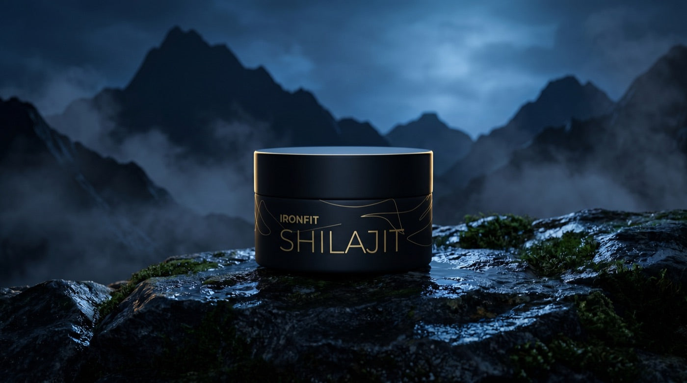 IronFit Shilajit on Himalayan rock at twilight